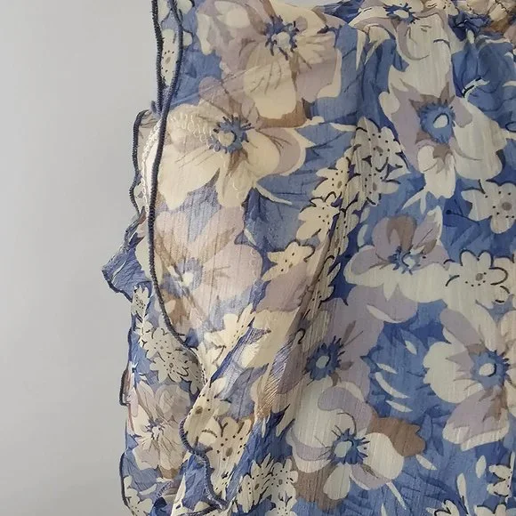 MELLODAY blue BLOUSE top FLORAL lined SMOCKED ruffles BLOUSE - Picture 9 of 12